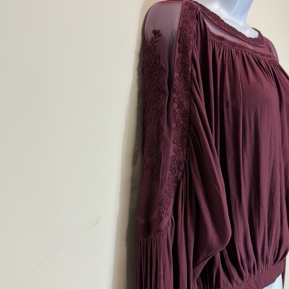Free People maroon Long‎ Sleeve Purple Embroidered & Mesh Top Size XS - Picture 5 of 15
